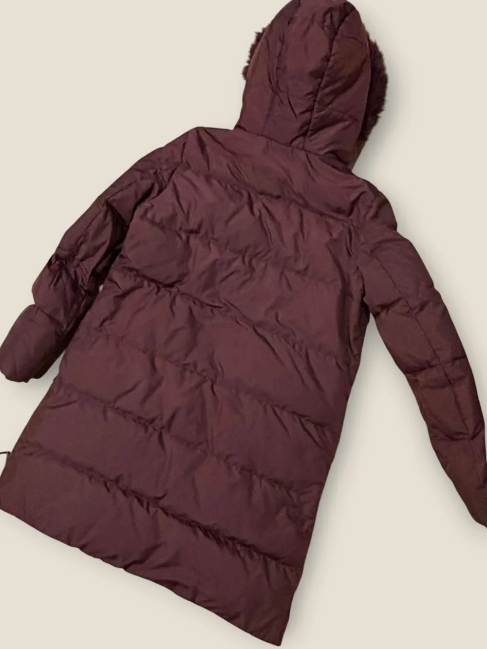 Ralph Lauren Deep Plum Long Puffer Coat with Faux Fur Hood Medium